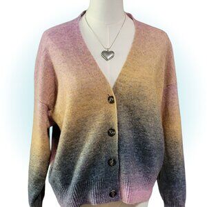 PASTEL RAINBOW OMBRE WOMEN'S CROPPED PARTIAL WOOL CARDIAGAN SWEATER EUC S